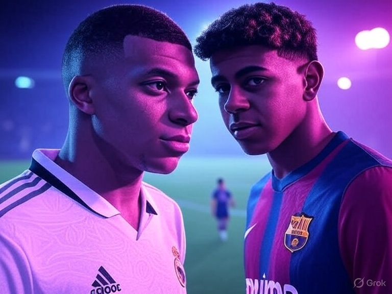 Horizontal image Mbappereal madrid vs Lamine Yamalbarcelona